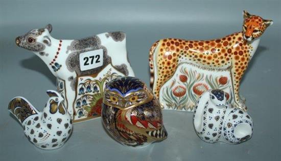 Crown Derby cheeta, owl, hen, snake and cockeral